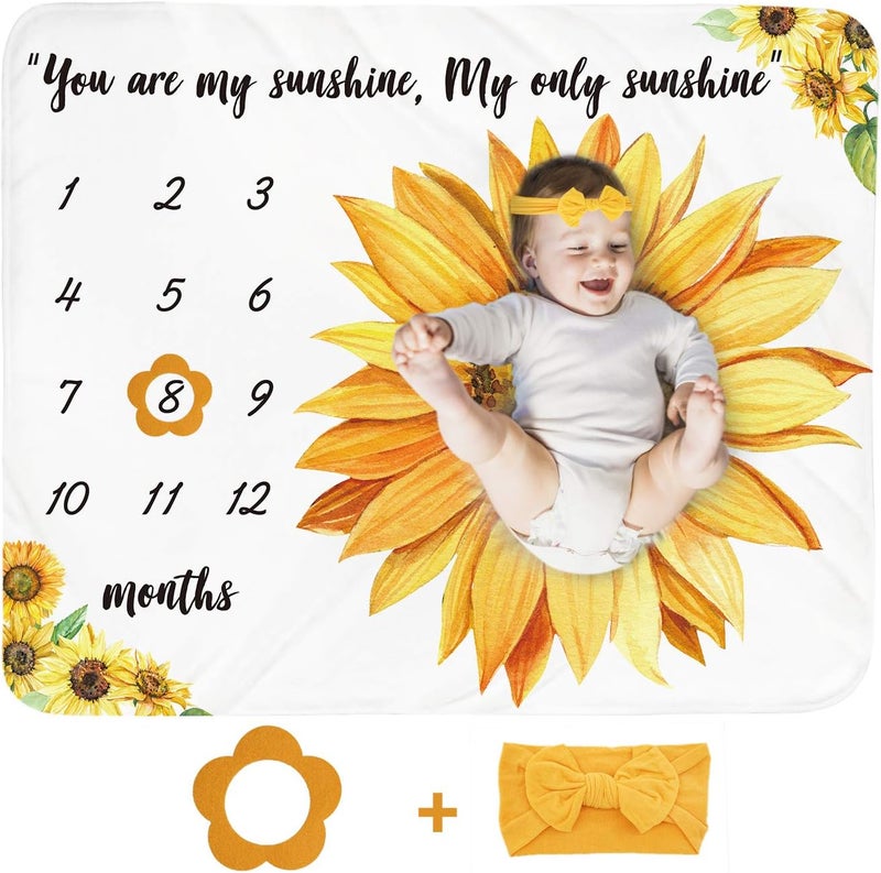 Tebaby Baby Monthly Milestone Blanket Girl - Sunflower Newborn Month Blanket Personalized Shower Gift Floral Nursery Decor Flower Photography Background Prop with Frame Headband Large 51''x40'' - Image 1